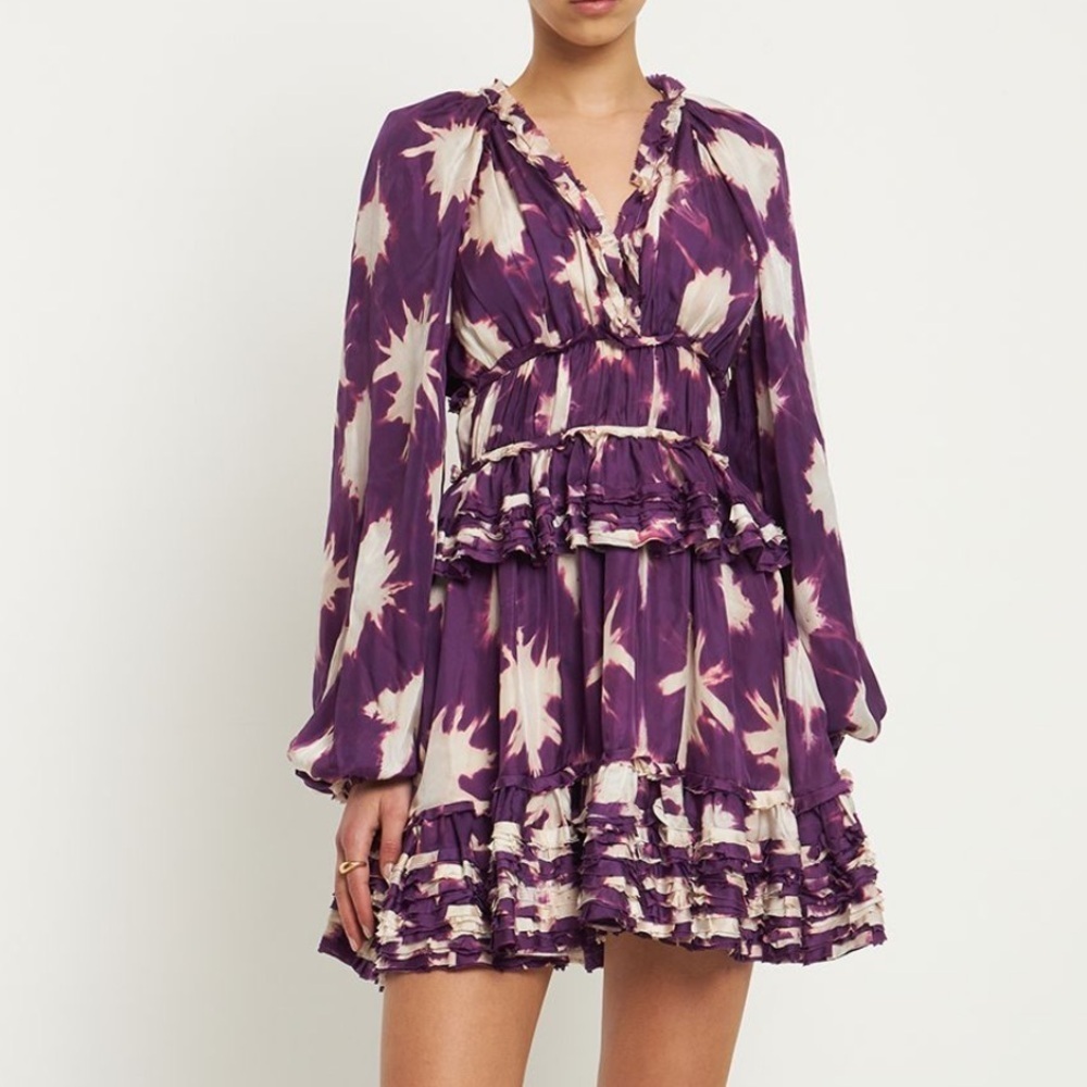 Ulla Johnson Emery Silk Ruffle Long Sleeve Mini Dress Purple Shibori Size 0 NWOT - Picture 2 of 15